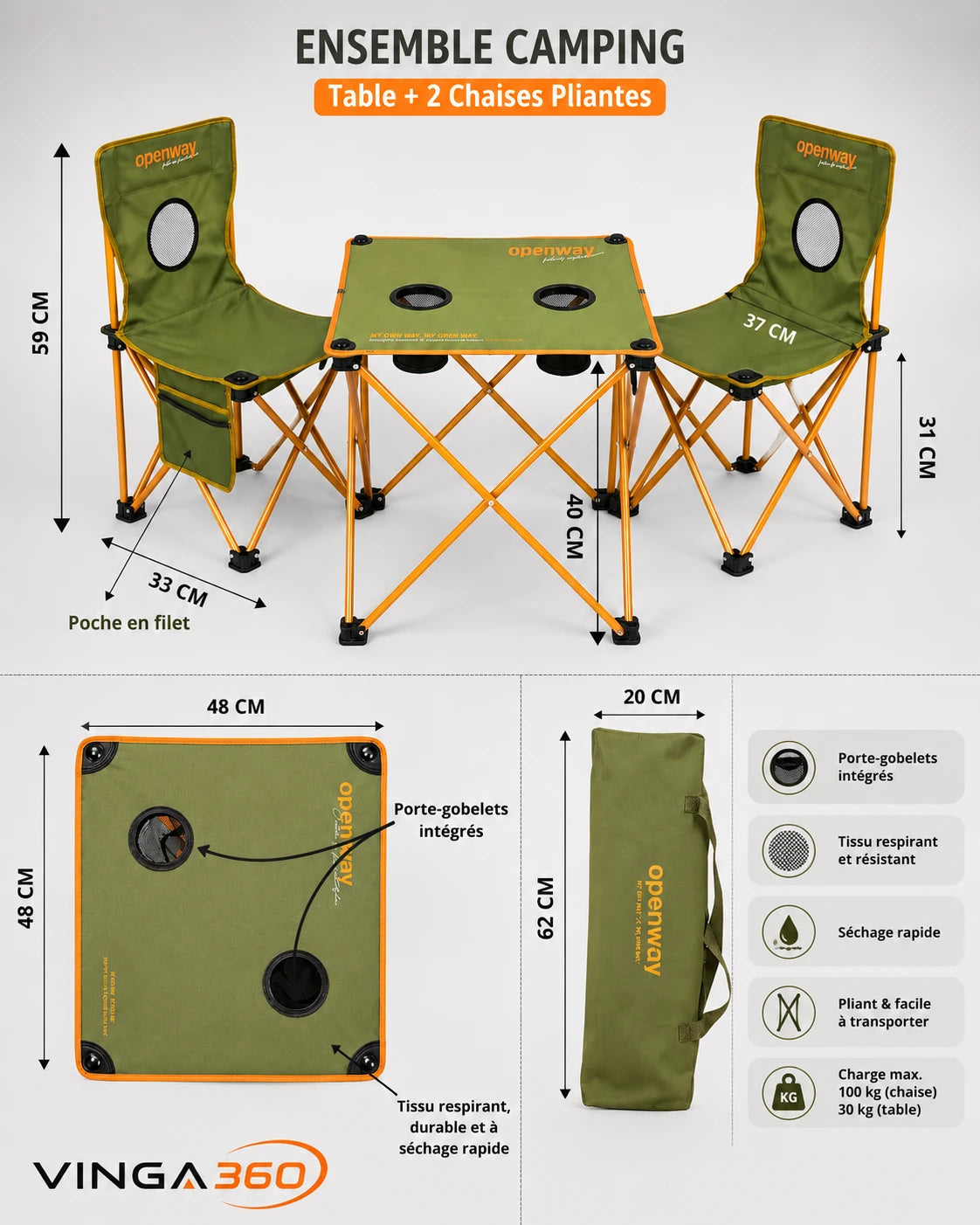 Ensemble Camping Pliable Table et 2 Chaises Open Way