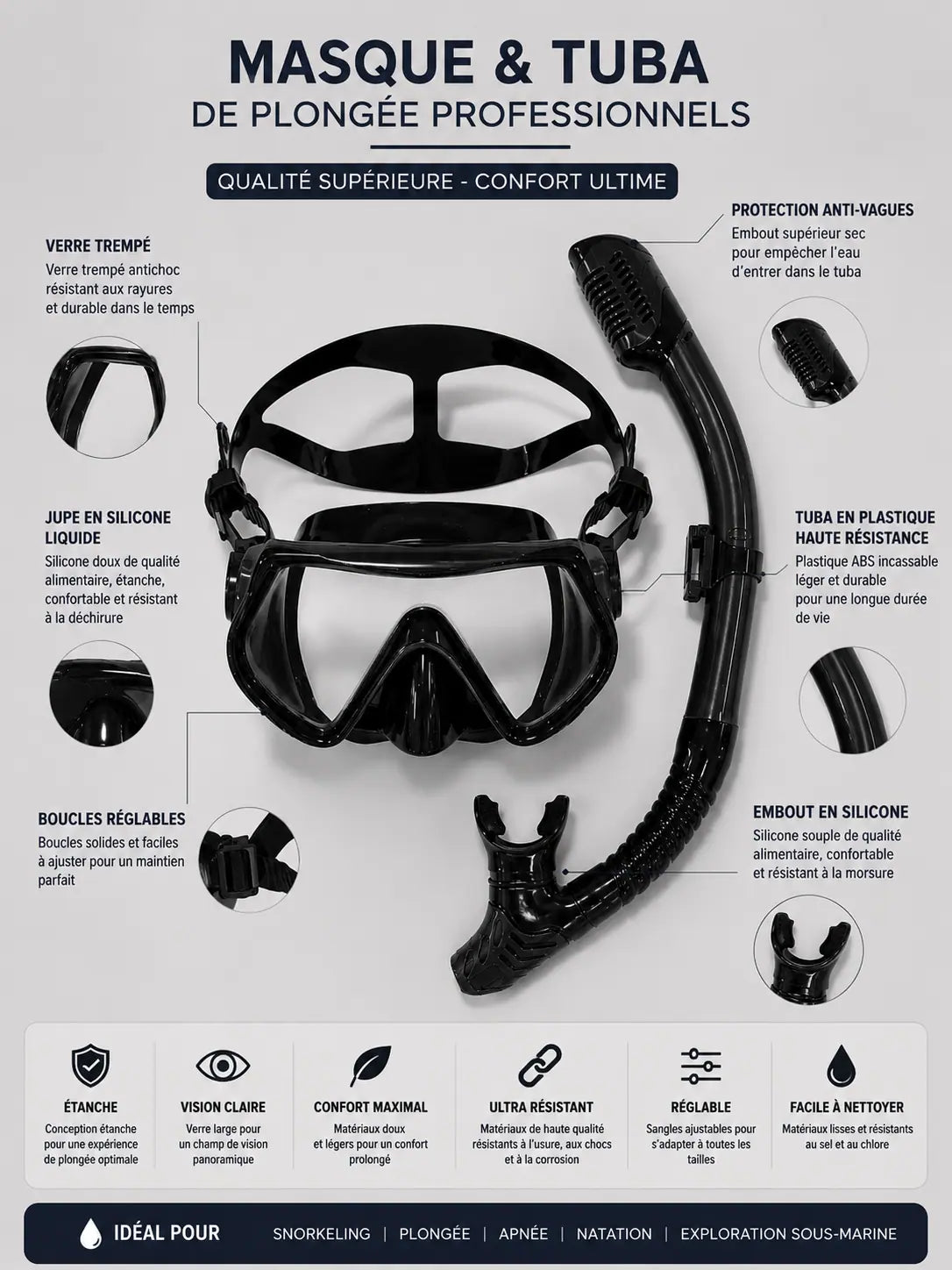 Masque de Plongée Professionnel avec Tuba Sec – Vision Panoramique 180°