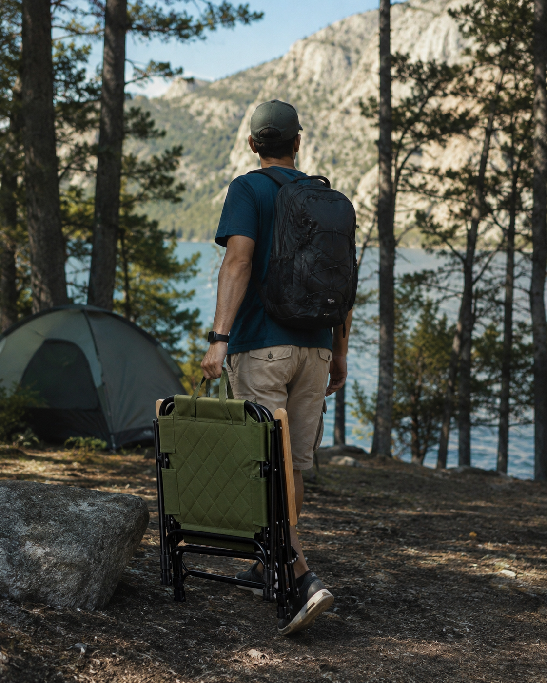 Chaise de Camping Premium Matelassée avec Accoudoirs en Bois