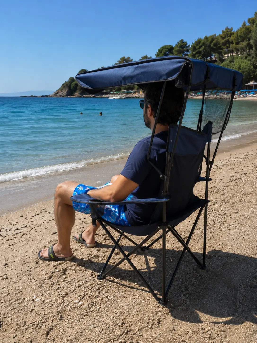Chaise de Camping Pliante avec Pare-Soleil et Porte-Gobelet