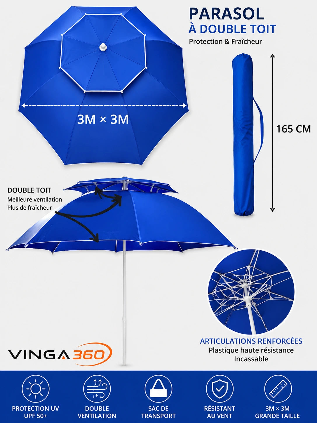 PARASOL DE PLAGE DOUBLE TOIT 3M × 3M