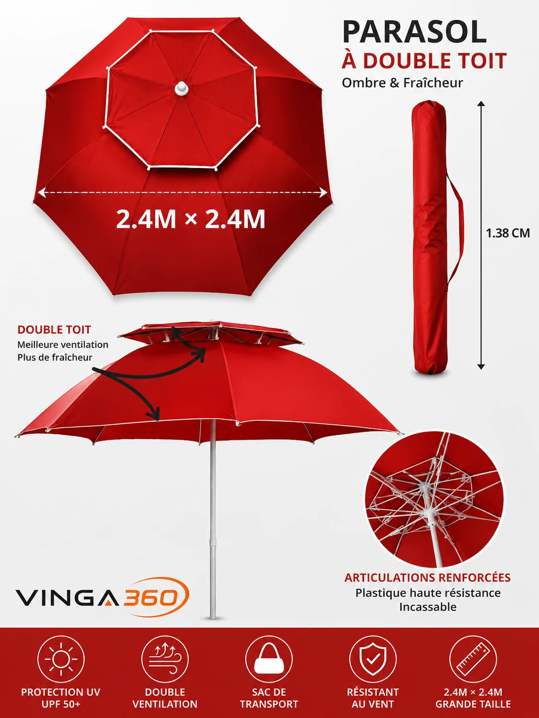 PARASOL DE PLAGE DOUBLE TOIT 2.4M × 2.4M