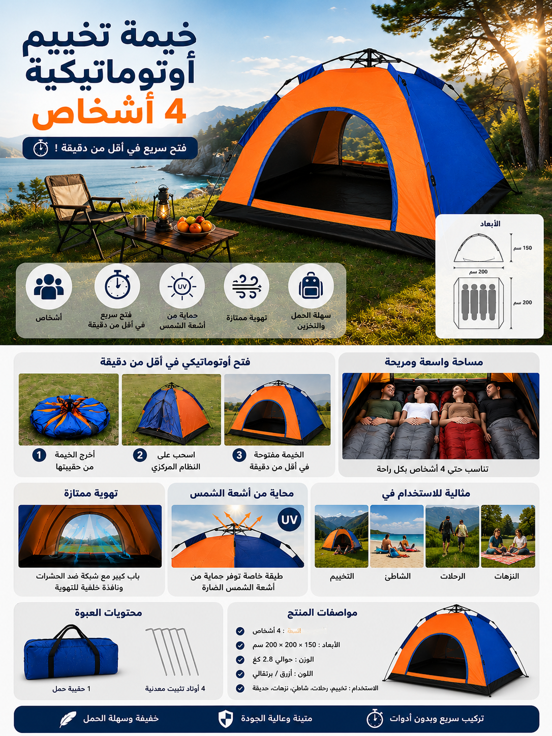 Tente de Camping Automatique 4 Places
