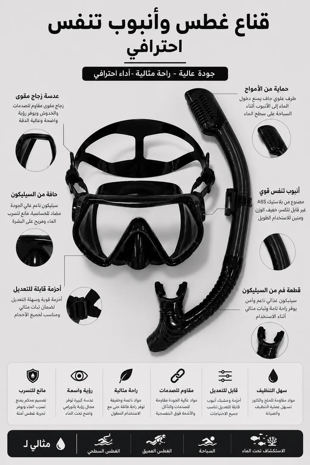 Masque de Plongée Professionnel avec Tuba Sec – Vision Panoramique 180°